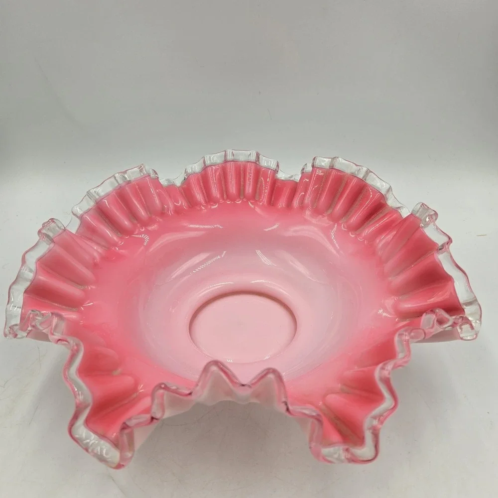 VTG Fenton Peach Crest Pink Cased Milk Glass Ruffled Brides Bowl Clear Edge A+